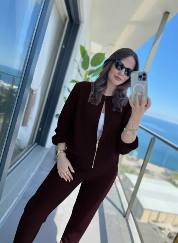 Women's Long Sleeve Front Zippered Modal Jacket and Pants Set - 1