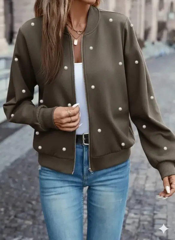 Women's Long Sleeve Front Zippered Pearl Detailed Short Modal Jacket - 1