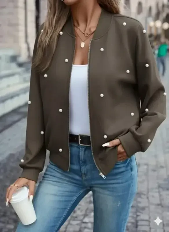 Women's Long Sleeve Front Zippered Pearl Detailed Short Modal Jacket - 2