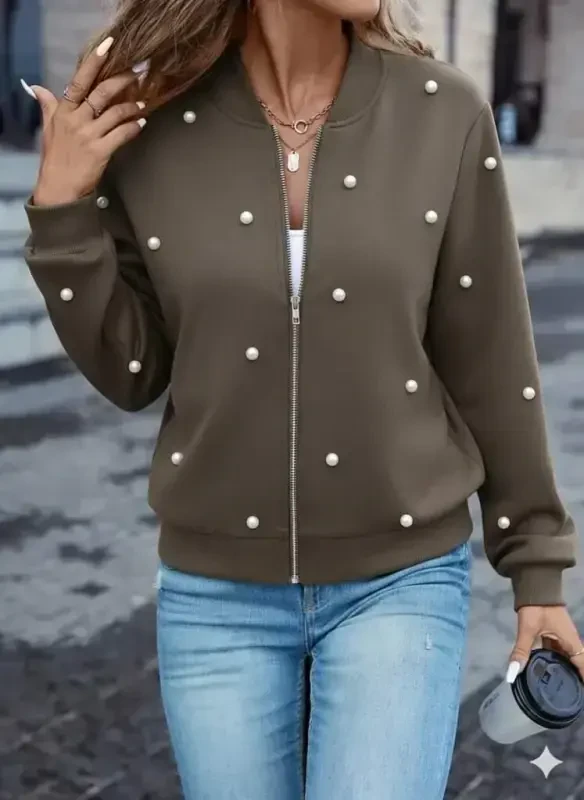 Women's Long Sleeve Front Zippered Pearl Detailed Short Modal Jacket - 4