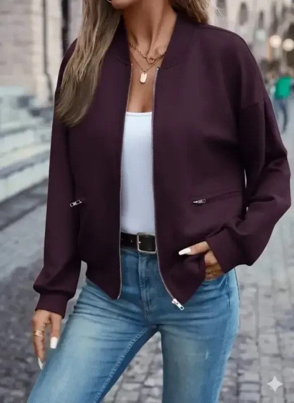 Women's Long Sleeve Front Zippered Pocketed Modal Burgundy Jacket - 1