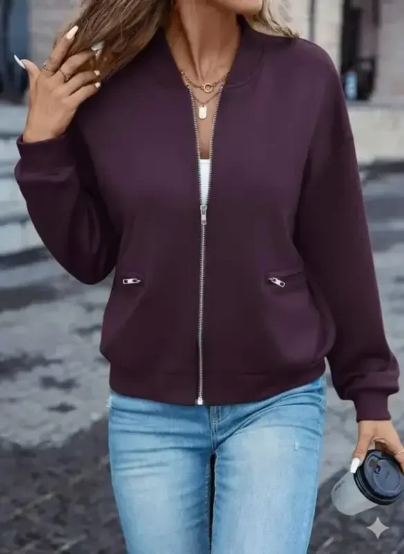 Women's Long Sleeve Front Zippered Pocketed Modal Burgundy Jacket - 2