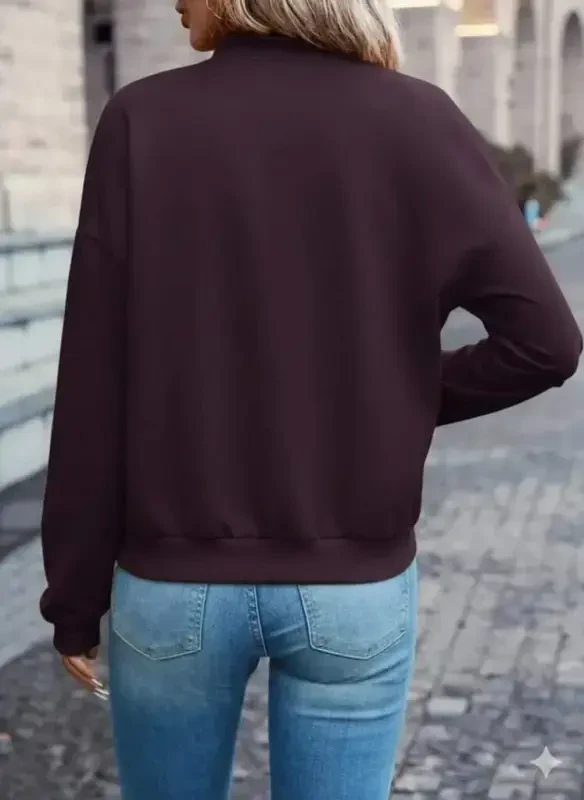 Women's Long Sleeve Front Zippered Pocketed Modal Burgundy Jacket - 3