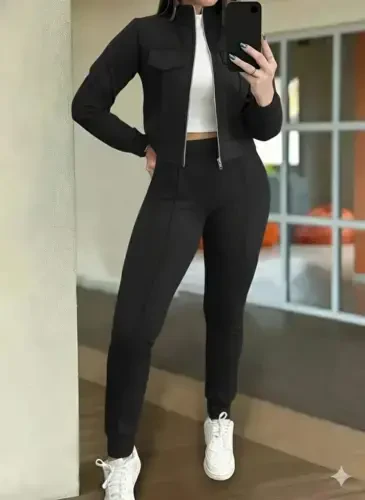 Women's Long Sleeve Front Zippered Short Modal Jacket and Pants Set - 1