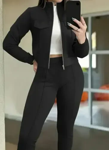 Women's Long Sleeve Front Zippered Short Modal Jacket and Pants Set - BÜYÜKBEDENIZ (1)