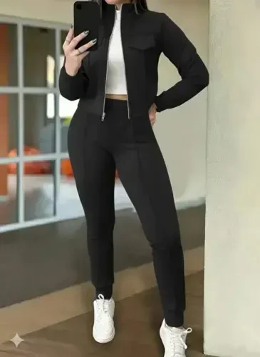 Women's Long Sleeve Front Zippered Short Modal Jacket and Pants Set - 4