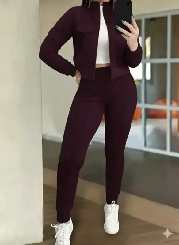 Women's Long Sleeve Front Zippered Short Modal Purple Jacket and Pants Set - 1