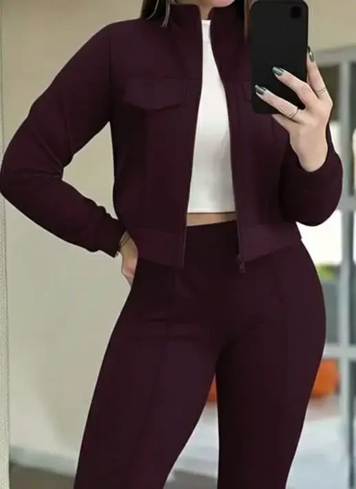 Women's Long Sleeve Front Zippered Short Modal Purple Jacket and Pants Set - 2