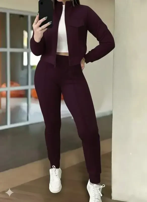 Women's Long Sleeve Front Zippered Short Modal Purple Jacket and Pants Set - 4