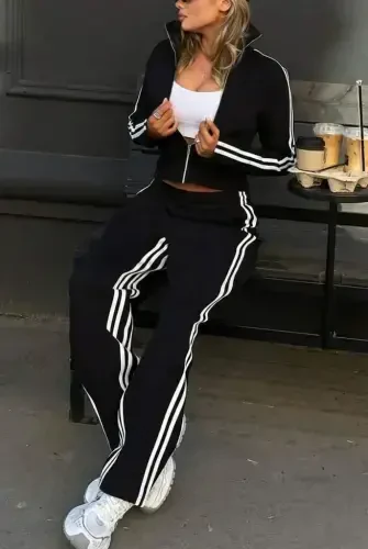 Women's Long Sleeve Front Zippered Short Viscose Two Thread Blouse and Pants Set - 1