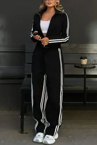 Women's Long Sleeve Front Zippered Short Viscose Two Thread Blouse and Pants Set - 3