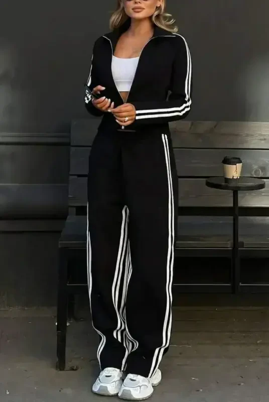 Women's Long Sleeve Front Zippered Short Viscose Two Thread Blouse and Pants Set - 3