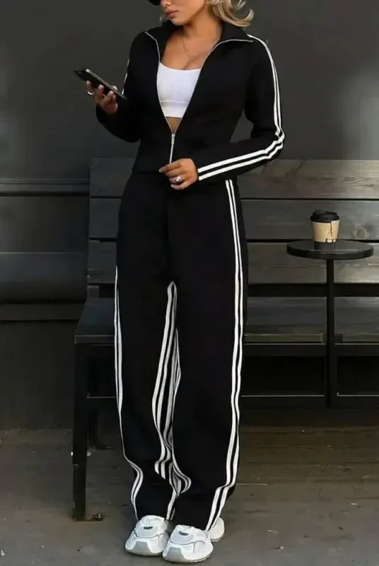 Women's Long Sleeve Front Zippered Short Viscose Two Thread Blouse and Pants Set - 4