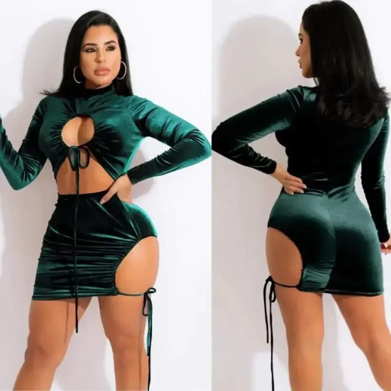 Women's Long Sleeve Full Decollete Detail Velvet Fabric Dress - 1