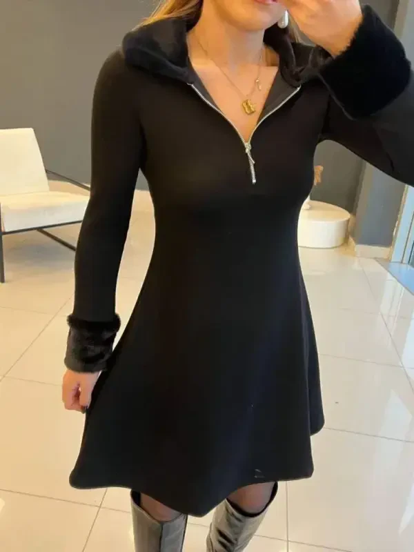 Women's Long Sleeve Fur Collar Zippered Short Viscose Two Thread Dress - 2