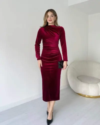 Women's Long Sleeve Gathered Detail Velvet Fabric Midi Dress - BÜYÜKBEDENIZ (1)