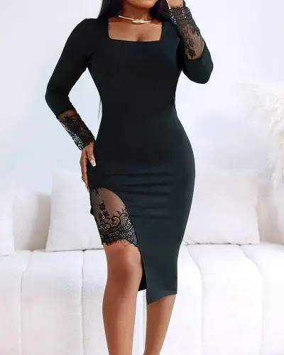 Women's Long Sleeve Geometric Collar Lace Detailed Midi Imported Crepe Dress - 2