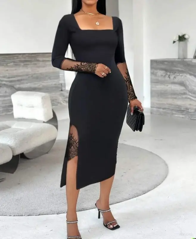 Women's Long Sleeve Geometric Collar Lace Detailed Midi Imported Crepe Dress - 3