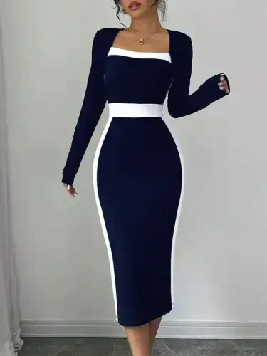 Women's Long Sleeve Geometric Collar Midi Imported Crepe Dress - BÜYÜKBEDENIZ (1)