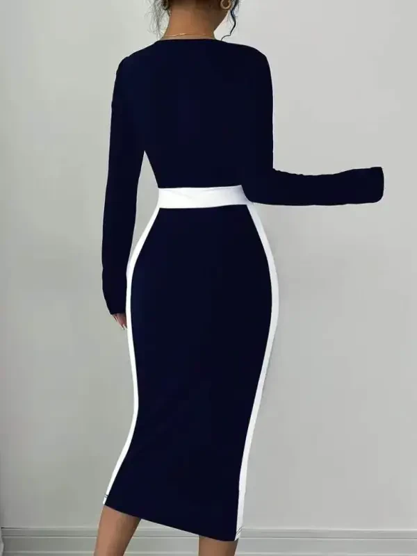 Women's Long Sleeve Geometric Collar Midi Imported Crepe Dress - 4