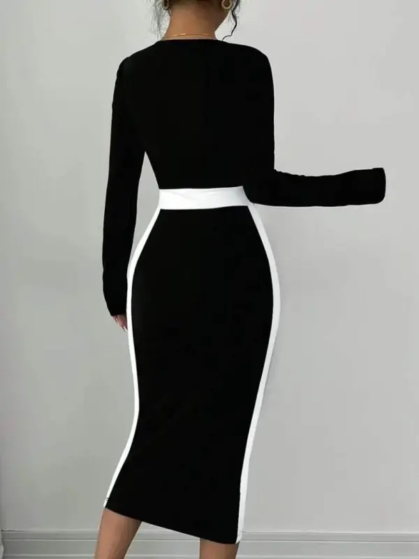 Women's Long Sleeve Geometric Collar Midi Imported Crepe Dress - 2