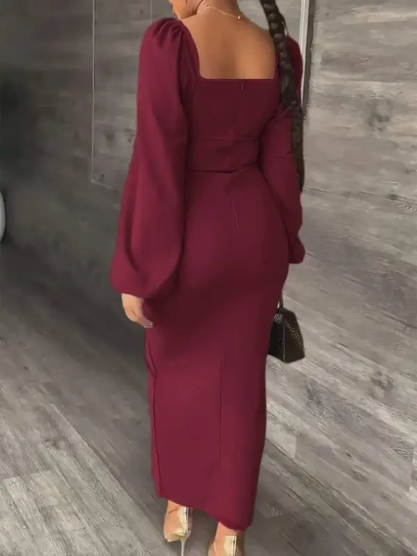 Women's Long Sleeve Geometric Collar Side Slit Long Shimmer Crepe Dress - 2