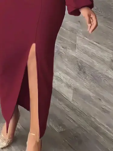 Women's Long Sleeve Geometric Collar Side Slit Long Shimmer Crepe Dress - 3