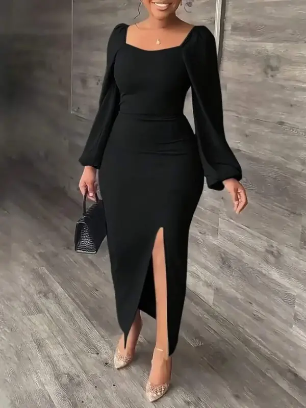Women's Long Sleeve Geometric Collar Side Slit Long Shimmering Crepe Dress - 1