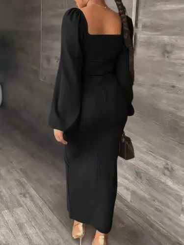 Women's Long Sleeve Geometric Collar Side Slit Long Shimmering Crepe Dress - BÜYÜKBEDENIZ (1)