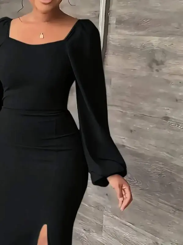 Women's Long Sleeve Geometric Collar Side Slit Long Shimmering Crepe Dress - 3