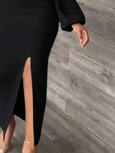 Women's Long Sleeve Geometric Collar Side Slit Long Shimmering Crepe Dress - 4