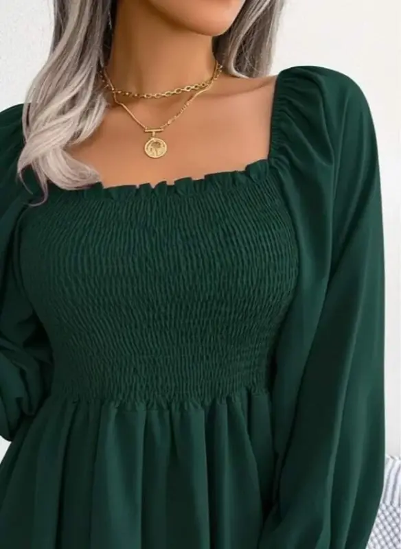 Women's Long Sleeve Geometric Neck Shirred Detail Crepe Blouse - 2