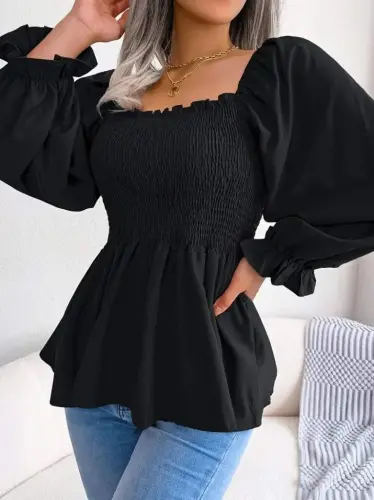 Women's Long Sleeve Geometric Neck Smocked Detail Crepe Blouse - BÜYÜKBEDENIZ (1)