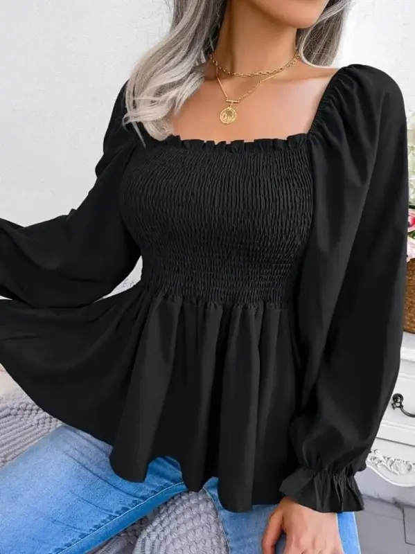 Women's Long Sleeve Geometric Neck Smocked Detail Crepe Blouse - 3