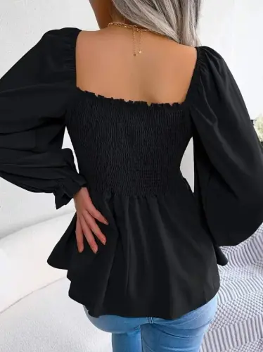 Women's Long Sleeve Geometric Neck Smocked Detail Crepe Blouse - 4