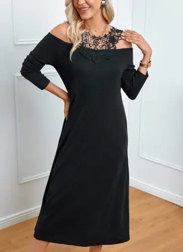 Women's Long Sleeve Guipure Yoke Madonna Collar Viscose Midi Dress - 1