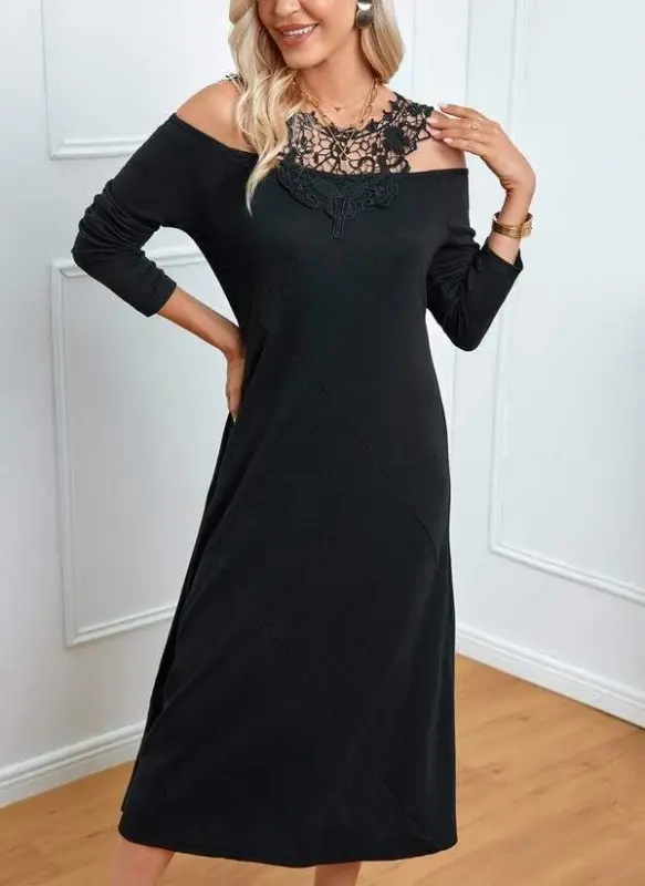 Women's Long Sleeve Guipure Yoke Madonna Collar Viscose Midi Dress - BÜYÜKBEDENIZ