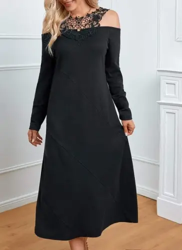 Women's Long Sleeve Guipure Yoke Madonna Collar Viscose Midi Dress - BÜYÜKBEDENIZ (1)