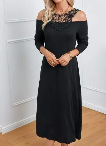 Women's Long Sleeve Guipure Yoke Madonna Collar Viscose Midi Dress - 4