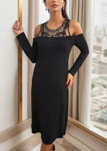 Women's Long Sleeve Guipure Yoke Madonna Collar Viscose Midi Dress - 6