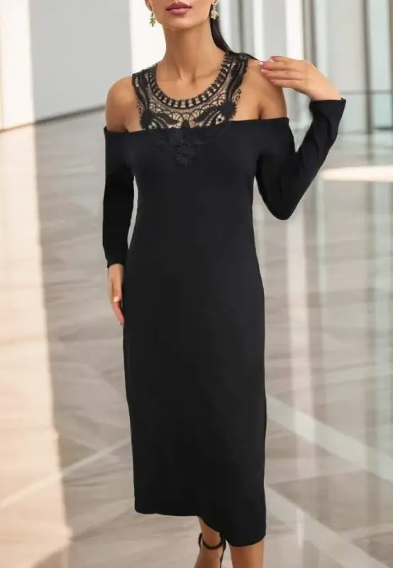 Women's Long Sleeve Guipure Yoke Madonna Collar Viscose Midi Dress - 7