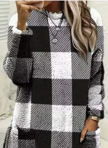 Women's Long Sleeve Half Turtleneck Pocket Detail Plaid Woven Tunic - BÜYÜKBEDENIZ (1)