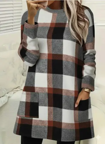 Women's Long Sleeve Half Turtleneck Pocket Detailed Plaid Woven Tunic - 1