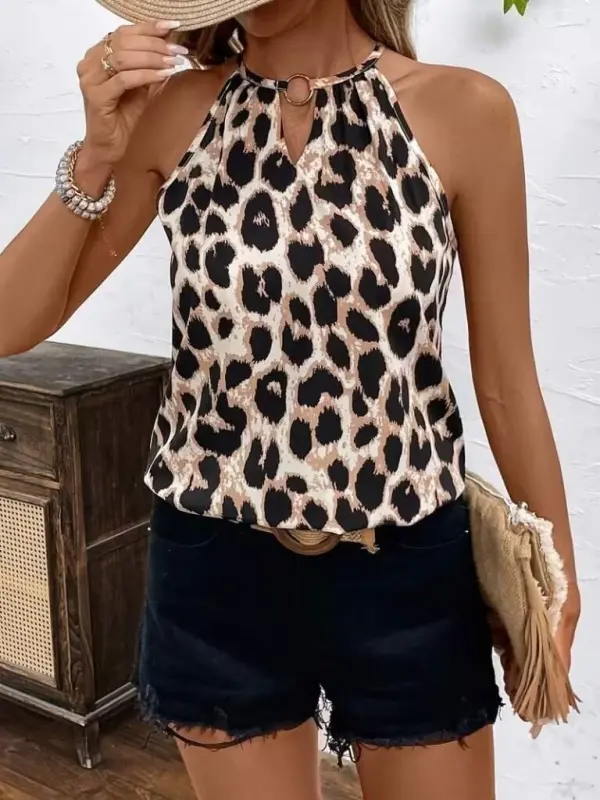 Women's Long Sleeve Halter Neck Leopard Single Jersey Blouse - 3