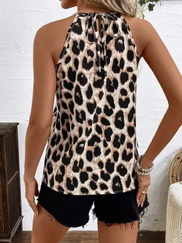 Women's Long Sleeve Halter Neck Leopard Single Jersey Blouse - 5