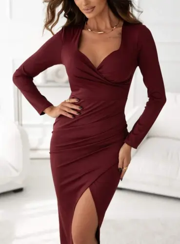 Women's Long Sleeve Heart Neck Asymmetric Cut Detailed Imported Crepe Long Dress - 3