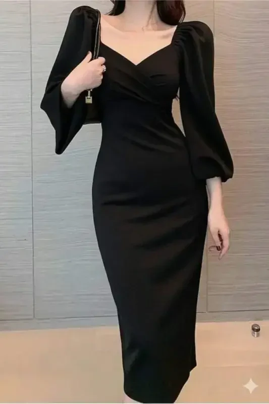 Women's Long Sleeve Heart Neck Midi Imported Crepe Dress - 1