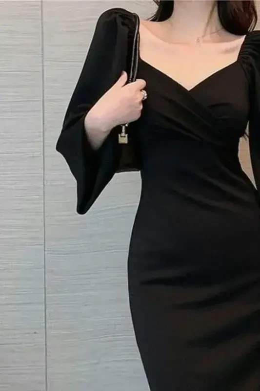 Women's Long Sleeve Heart Neck Midi Imported Crepe Dress - 2