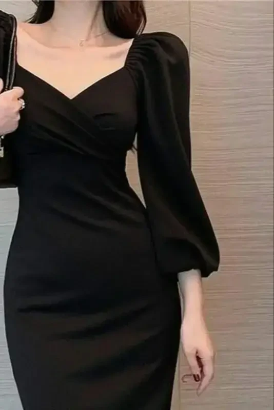 Women's Long Sleeve Heart Neck Midi Imported Crepe Dress - 3