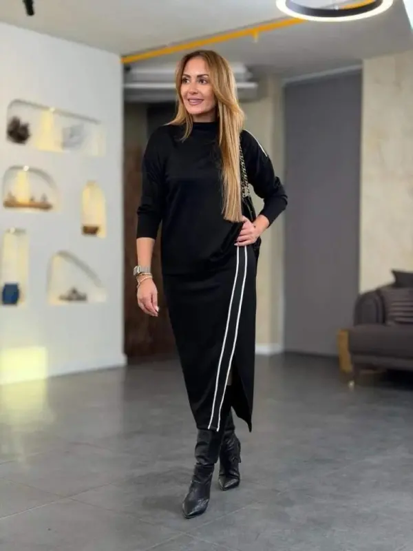 Women's Long Sleeve High Neck Side Stripe Detailed Viscose Two Thread Blouse And Skirt Set - 3